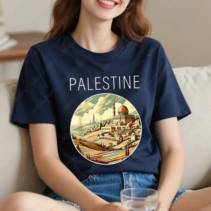 Fashion Harajuku Palestine Scenery Art Deco T-Shirt Summer Cotton Short-sleeve Tees for Man Woman Vintage Casual Graphic Tshirts