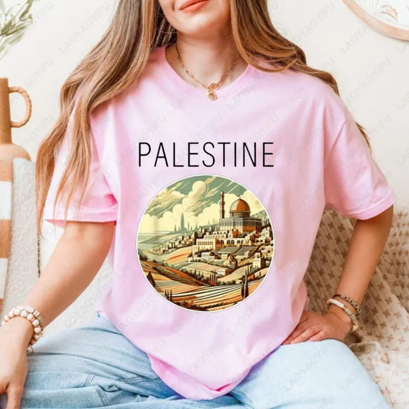 Fashion Harajuku Palestine Scenery Art Deco T-Shirt Summer Cotton Short-sleeve Tees for Man Woman Vintage Casual Graphic Tshirts
