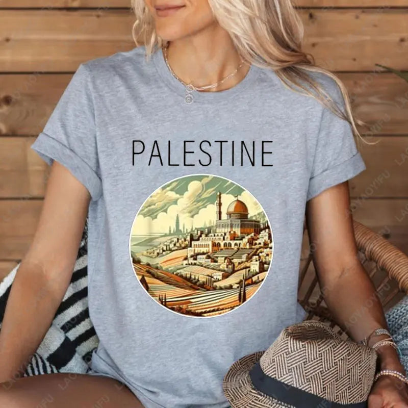 Fashion Harajuku Palestine Scenery Art Deco T-Shirt Summer Cotton Short-sleeve Tees for Man Woman Vintage Casual Graphic Tshirts