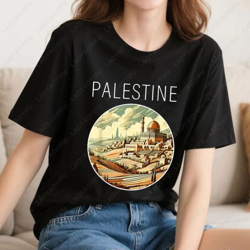Fashion Harajuku Palestine Scenery Art Deco T-Shirt Summer Cotton Short-sleeve Tees for Man Woman Vintage Casual Graphic Tshirts