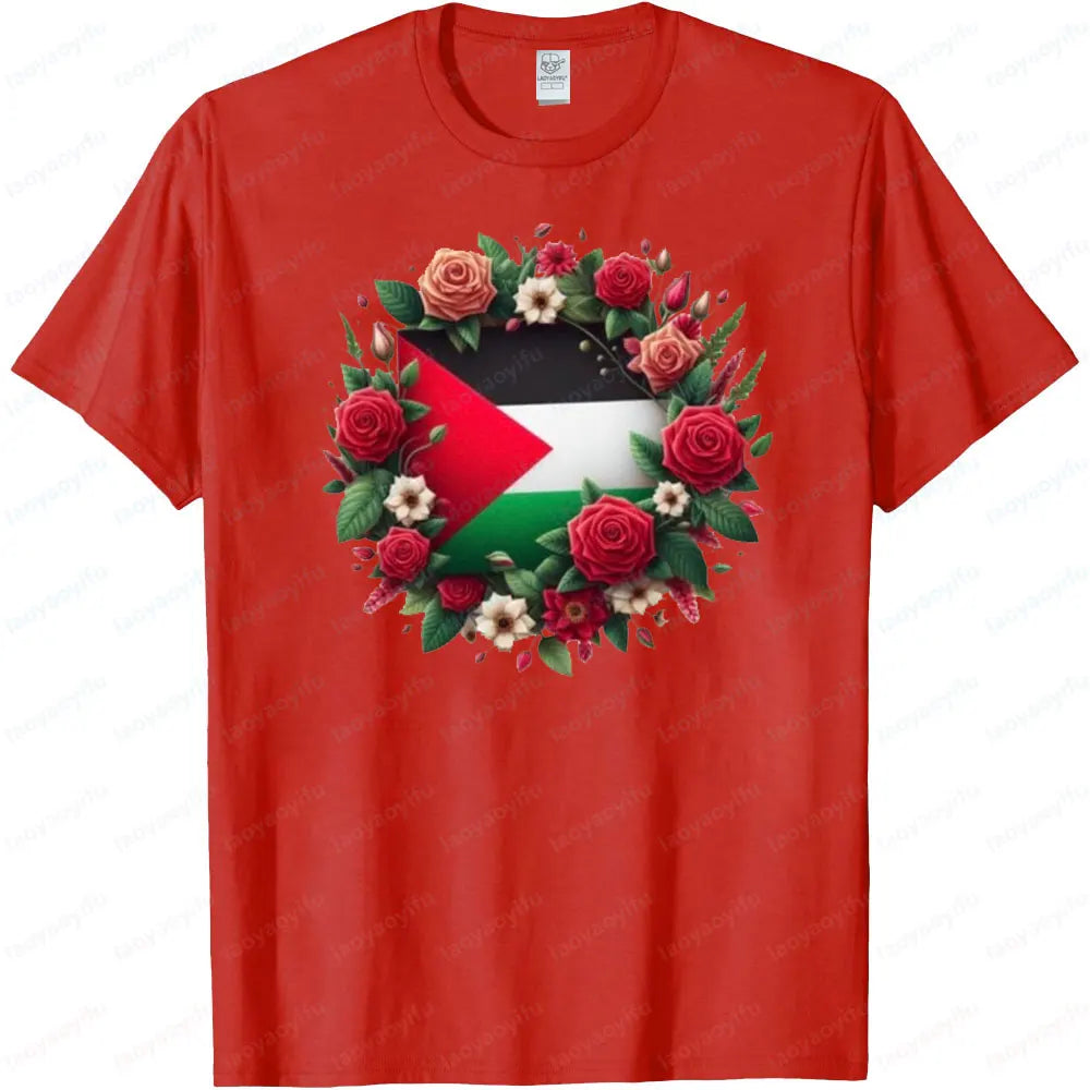 Palestine Flag Tee Tops Blooming Flowers Surround The National Flag T-shirt Streetwear Men Women Summer Crewneck Cotton Tshirt