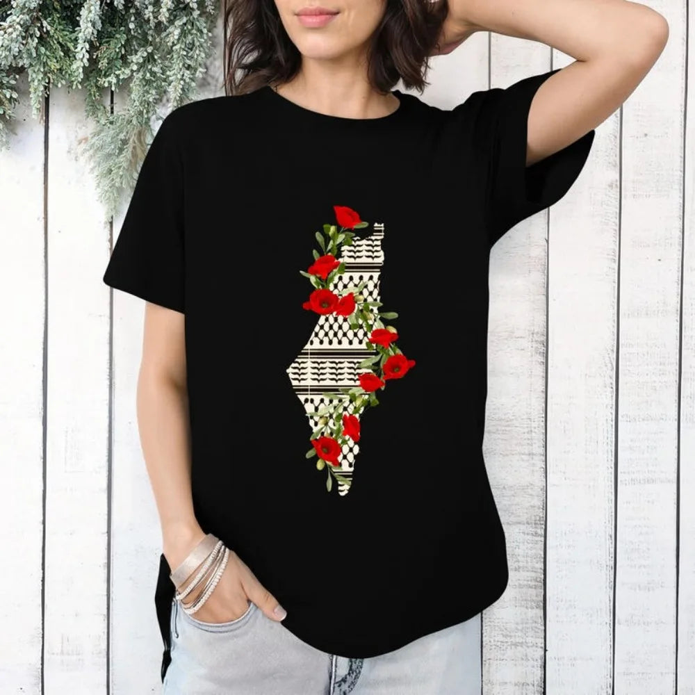 Keffiyeh Poppy Olive Palestine T-shirt Watermelon Arab ArabicT-shirt Palestinian Olives Poppy Printed T-shirt Cotton Tops