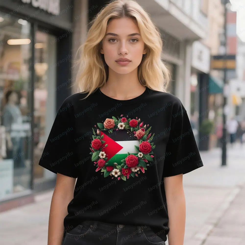 Palestine Flag Tee Tops Blooming Flowers Surround The National Flag T-shirt Streetwear Men Women Summer Crewneck Cotton Tshirt