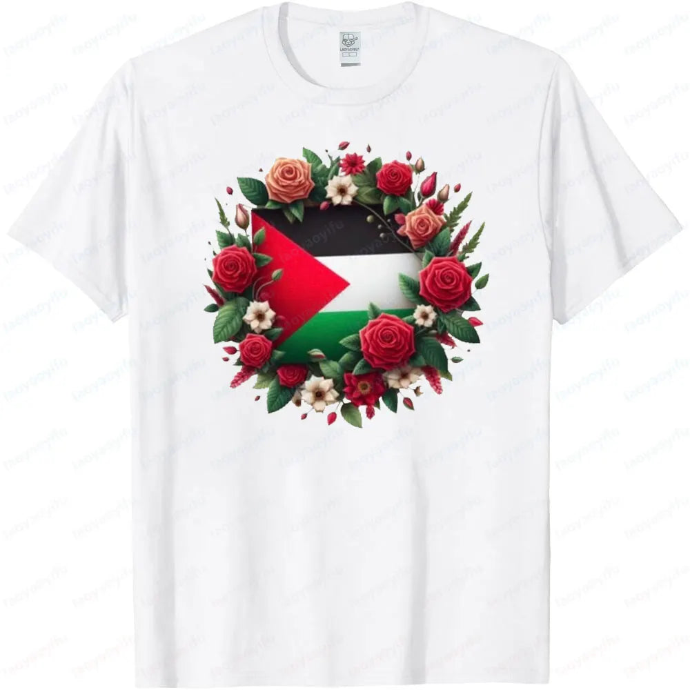 Palestine Flag Tee Tops Blooming Flowers Surround The National Flag T-shirt Streetwear Men Women Summer Crewneck Cotton Tshirt