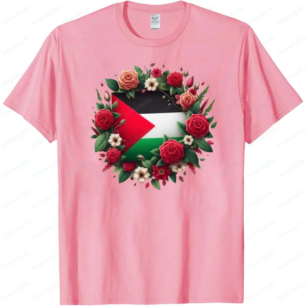 Palestine Flag Tee Tops Blooming Flowers Surround The National Flag T-shirt Streetwear Men Women Summer Crewneck Cotton Tshirt