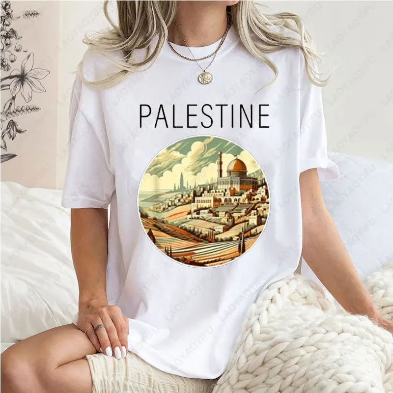 Fashion Harajuku Palestine Scenery Art Deco T-Shirt Summer Cotton Short-sleeve Tees for Man Woman Vintage Casual Graphic Tshirts