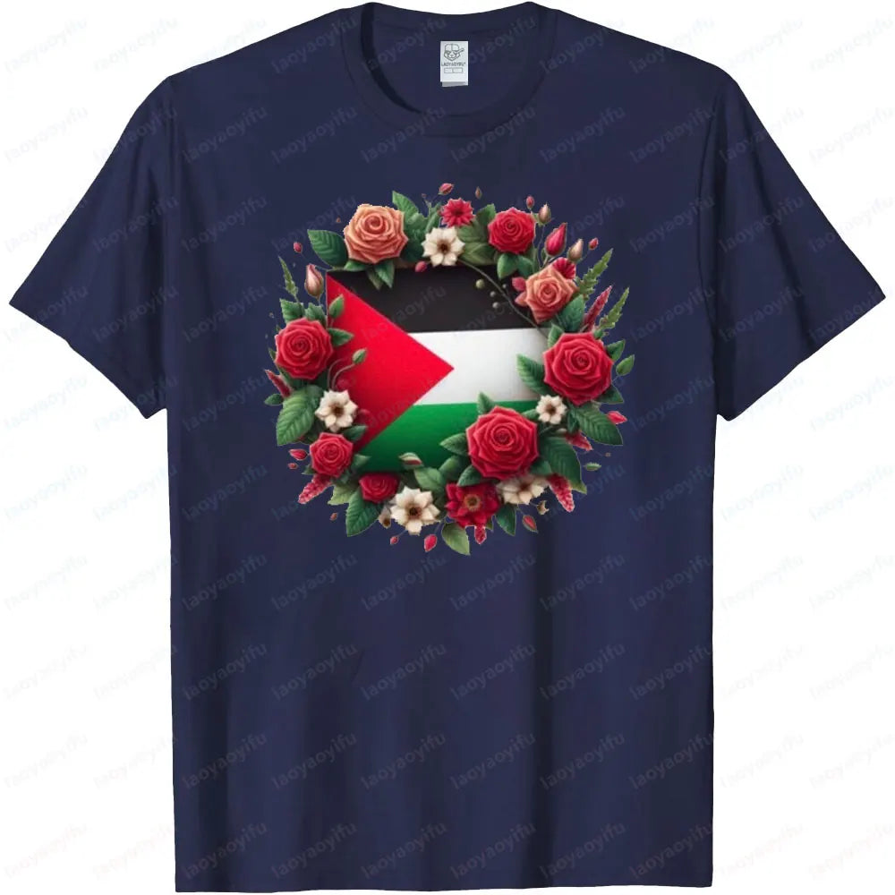 Palestine Flag Tee Tops Blooming Flowers Surround The National Flag T-shirt Streetwear Men Women Summer Crewneck Cotton Tshirt