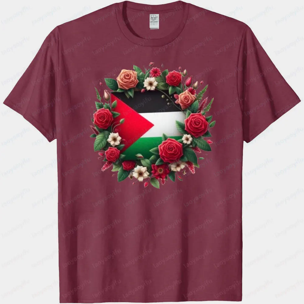 Palestine Flag Tee Tops Blooming Flowers Surround The National Flag T-shirt Streetwear Men Women Summer Crewneck Cotton Tshirt