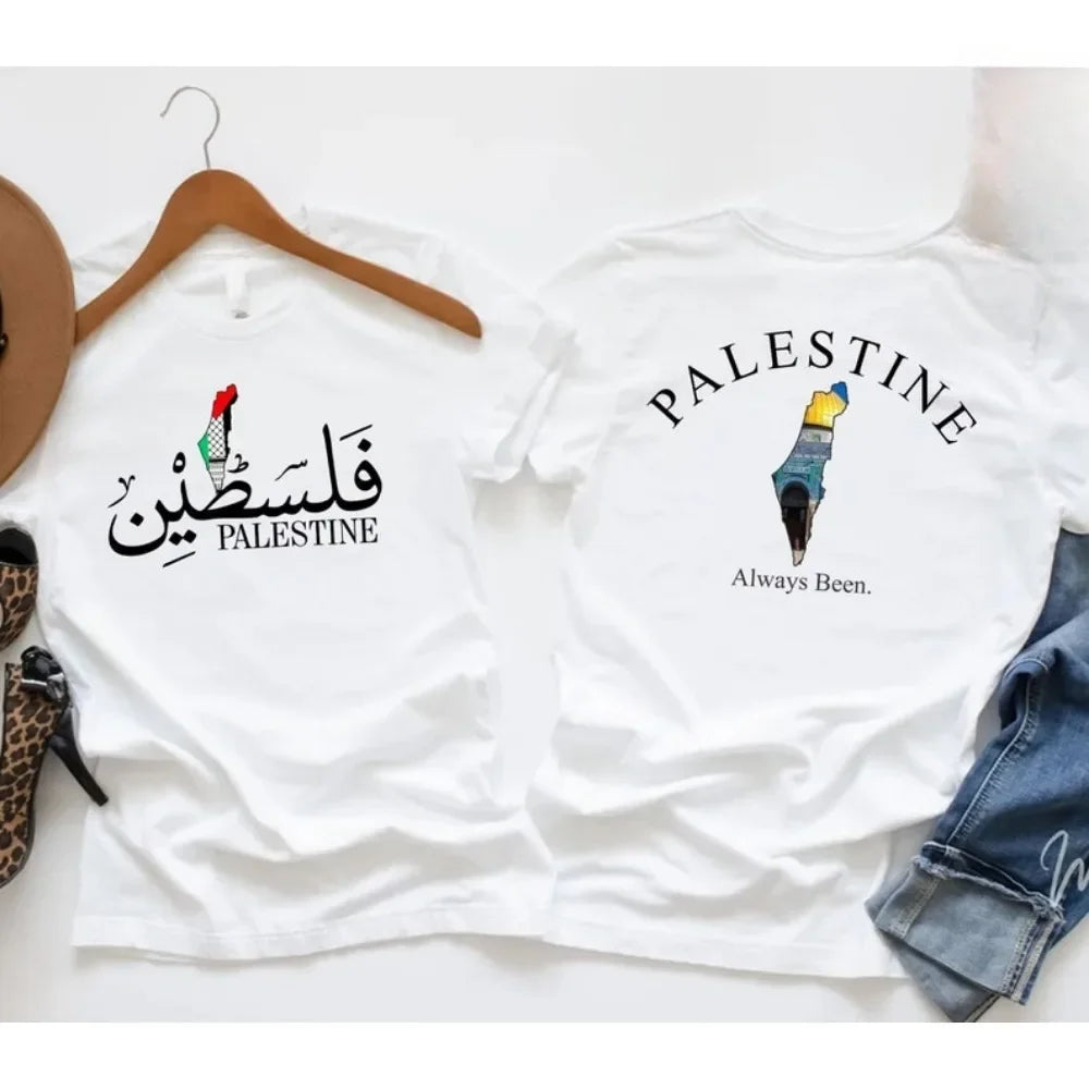 2025 Palestine Arabic Name Men Women T-Shirt Al Aqsa Mosque Map Print Crewneck Cotton Tee Unisex Streetwear Casual Tops Clothes